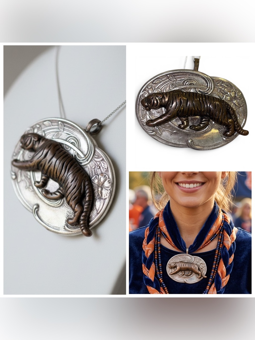 RARE Vintage Mixed Metal Tiger Statement Pendant Art Nouveau Oval Auburn GameDay - Picture 2 of 13